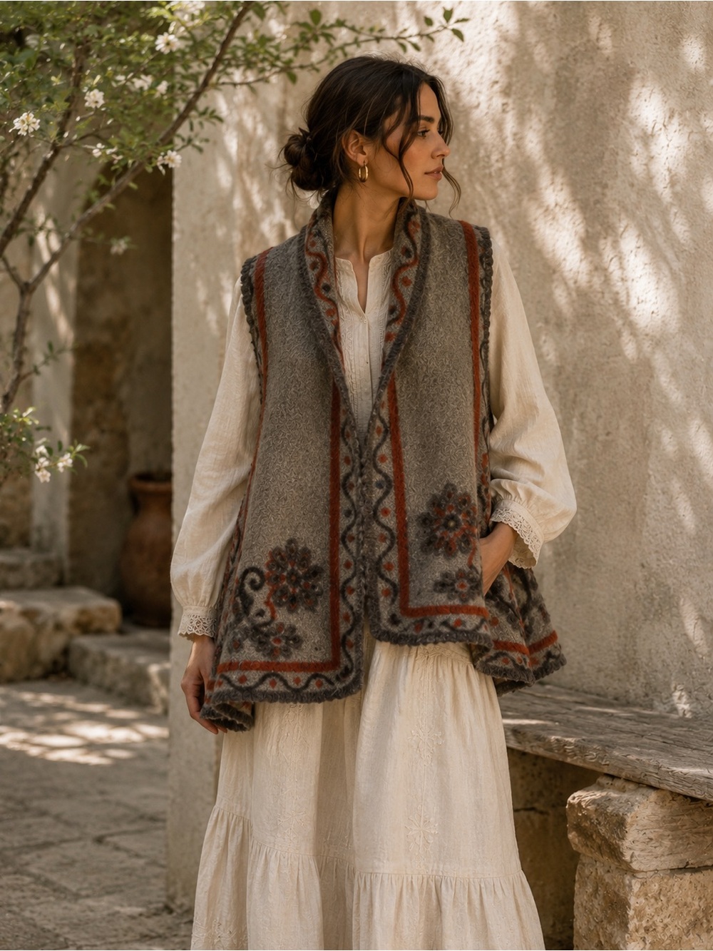 Made in Italy Folk Vest | Artisan Wool Blend Appliqué | Free Size